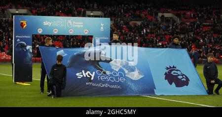 The premier League and its partnership with Sky Ocean rescue to ban plastics at all grounds during the premier league match at Wembley Stadium, London. Picture date 30th April 2018. Picture credit should read: David Klein/Sportimage via PA Images Stock Photo