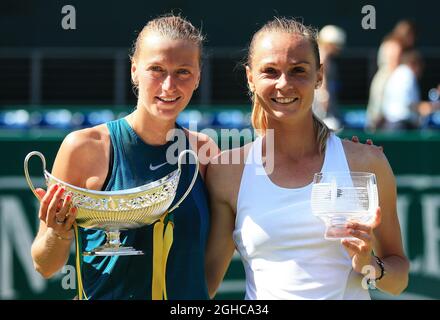 Petra Kvitova and Magdalena Rybarikova pose with their respective trophies during day seven of the Nature Valley Classic at Edgbaston Priory, Birmingham. Picture date: 24th June 2018. Picture byline should read: Matt McNulty/Sportimage via PA Images Stock Photo