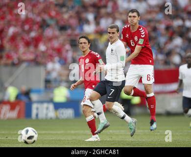 Antoine Griezmann of France challenged by Andreas Christensen of Denmark during the FIFA World Cup 2018 Group C match at the Luzhniki Stadium, Moscow. Picture date 26th June 2018. Picture credit should read: David Klein/Sportimage via PA Images Stock Photo