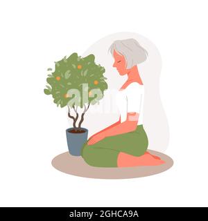 Senior woman in yoga meditation, old person training, elderly lady sitting to meditate Stock Vector
