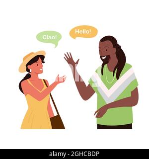 Speak different languages, say hello greeting in languages, international conversation Stock Vector