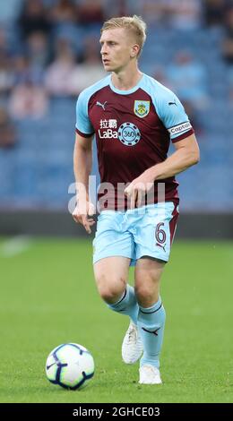 Ben Mee of Burnley during the Europa League Qualifying Second Round 2nd Leg match at Turf Moor Stadium, Burnley. Picture date: 02nd August 2018. Picture credit should read: Simon Bellis/Sportimage via PA Images Stock Photo