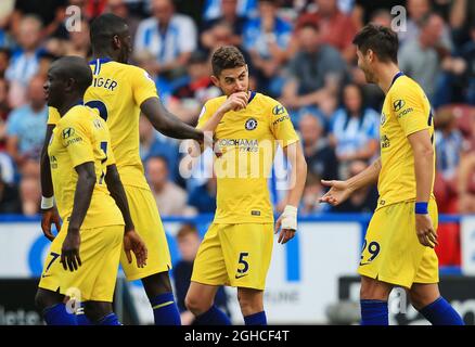 Chelsea's Jorginho celebrates after scoring his sides second goal during the Premier League match at the John Smith's Stadium, Huddersfield. Picture date 11th August 2018. Picture credit should read: Matt McNulty/Sportimage via PA Images Stock Photo