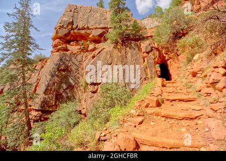 View from below the Supai Tunnel along the North Kaibab Trail at Grand Canyon North Rim Arizona. Stock Photo