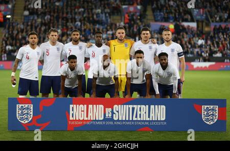 England team group Back row from left Kyle Walker, James Tarkowski, Ruben Loftus-Cheek, Danny Welbeck, Jack Butland, Harry Maguire and Eric Dier of England. Front row from left: Marcus Rashford, Fabian Delph, Trent Alexander-Arnold and Danny Rose of England, during the International Friendly match at the King Power Stadium, Leicester. Picture date 11th September 2018. Picture credit should read: Nigel French/Sportimage via PA Images Stock Photo