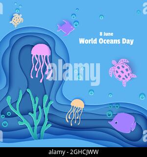 Paper cut butterflyfish, jellyfish, moonfish, turtle. Paper craft square background underwater ocean cave with fishes coral reef seabed in algae waves Stock Vector
