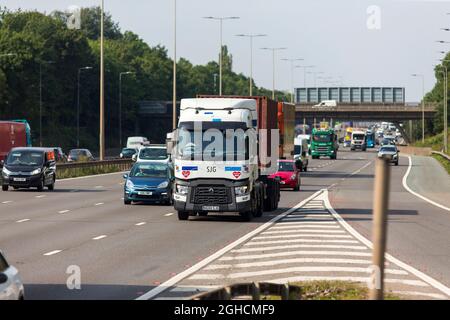 Lorries,trucks, and HGVs on the M1 motorway at Leicester Forest service station. Stock Photo