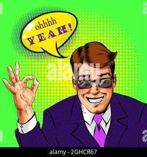 Vector pop art successful businessman showing ok hand sign Stock Vector