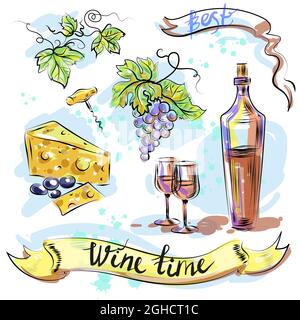 Watercolor best wine time concept sketch vector illustration Stock Vector