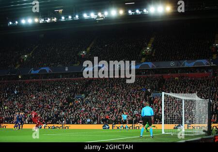 Liverpool's Mohamed Salah scores his teams third goal during the UEFA Champions League match at Anfield Stadium, Liverpool. Picture date 24th October 2018. Picture credit should read: Matt McNulty/Sportimage Stock Photo