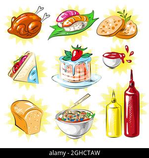 Vector pop art comic style food patches set Stock Vector