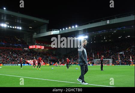 Liverpool manager Jurgen Klopp walks on the pitch during the warm up before the UEFA Champions League match at Anfield Stadium, Liverpool. Picture date 24th October 2018. Picture credit should read: Matt McNulty/Sportimage Stock Photo