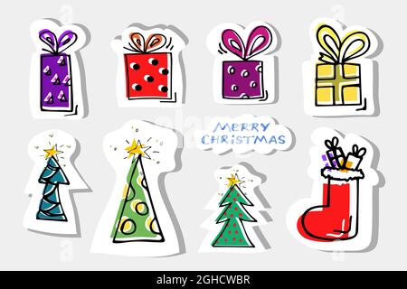 Set of hand drawn illustrations with colorful gifts decorated with Christmas trees, stars and a gift sock.  Stock Vector