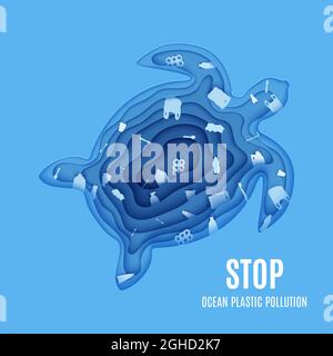 Silhouette of a turtle cut out of paper and stop ocean pollution banner. Craft underwater ocean deep cave with plastic rubbish. Papercut trash Stock Vector