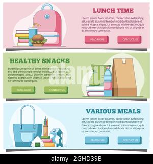 Lunch time Web Horizontal Banners in a flat style Vector Illustration for Website Header Stock Vector