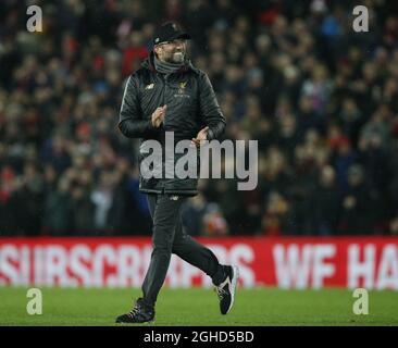 Jurgen Klopp manager of Liverpool enjoys the win during the Premier League match at Anfield Stadium, Liverpool. Picture date: 16th December 2018. Picture credit should read: Andrew Yates/Sportimage via PA Images Stock Photo