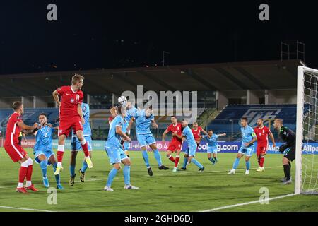 Serravalle, Italy, 5th September 2021. Cristian Brolli of San Marino attempts to flick the ball on at the near post as Andrea Grandoni of San Marino heads clear during the FIFA World Cup qualifiers match at San Marino Stadium, Serravalle. Picture credit should read: Jonathan Moscrop / Sportimage Stock Photo