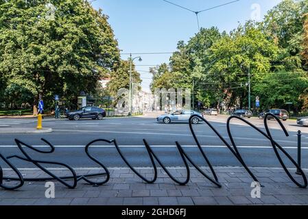 Krakow, Poland - August 29, 2018: Abstract modern sculpture in the old town of Krakow, Poland Stock Photo