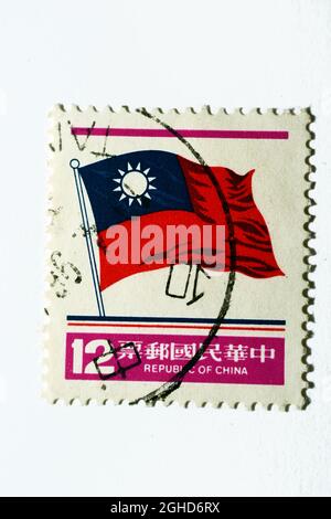 Postage stamp printed in China (Taiwan) shows National Flag, Definitive series, 12 Taiwanese new dollar, circa 1981, Vintage retro used postal stamp i Stock Photo