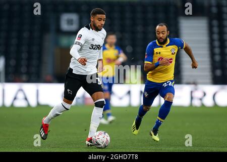 Jayden Bogle of Derby County runs at Nathan Redmond of Southampton during the Emirates FA Cup, third round match at Pride Park, Derby. Picture date: 5th January 2019. Picture credit should read: James Wilson/Sportimage via PA Images Stock Photo