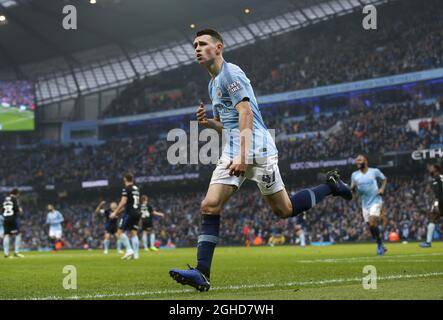 Manchester City's Phil Foden celebrates after scoring during the Emirates FA Cup, third round match at the Etihad Stadium, Manchester. Picture date: 6th January 2019. Picture credit should read: Andrew Yates/Sportimage via PA Images