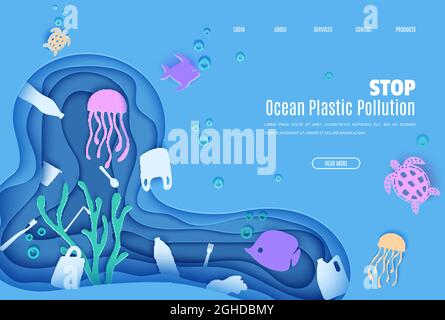 Web page design template stop ocean plastic pollution in paper cut style. Underwater sea cave with white plastic waste bag, bottle, rubbish fishes Stock Vector