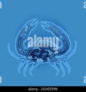 Silhouette of crab cut out of paper. Papercut marine butterflyfish, jellyfish, moonfish, turtle. Craft underwater ocean cave with fishes, coral reef Stock Vector