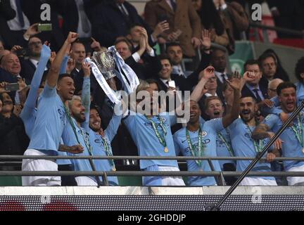 Vincent Kompany of Manchester City lifts the trophy during the Carabao Cup Final match at Wembley Stadium, London. Picture date: 24th February 2019. Picture credit should read: Darren Staples/Sportimage via PA Images Stock Photo