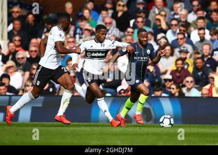 Raheem Sterling of Manchester City holds off the challenge from Ryan Sessegnon of Fulham during the Premier League match at Craven Cottage, London Picture date: 30th March 2019 Picture credit should read: Craig Mercer/Sportimage via PA Images