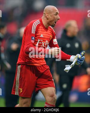 Watford goalkeeper Heurelho Gomes celebrates at the end of the FA Cup  Semi Final match, at Wembley Stadium, London. Picture date: 7th April 2019. Picture credit should read: Robin Parker/Sportimage via PA Images Stock Photo