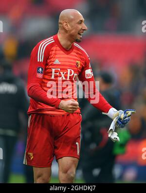 Watford goalkeeper Heurelho Gomes celebrates at the end of the FA Cup  Semi Final match, at Wembley Stadium, London. Picture date: 7th April 2019. Picture credit should read: Robin Parker/Sportimage via PA Images Stock Photo