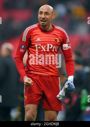 Watford goalkeeper Heurelho Gomes celebrates at the end of the FA Cup  Semi Final match, at Wembley Stadium, London. Picture date: 7th April 2019. Picture credit should read: Robin Parker/Sportimage via PA Images Stock Photo