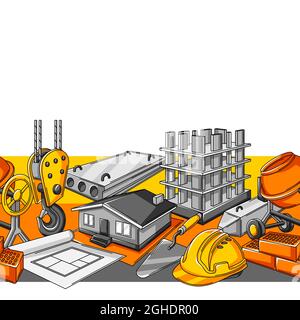 Seamless pattern with housing construction items. Industrial repair or building symbols. Stock Vector