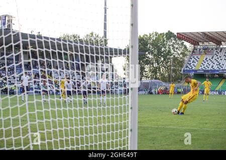 George Puscas of Romania fires home a penalty to give the side a 1-0 lead during the UEFA Under-21 Championship 2019 match at Dino Manuzzi, Cesena. Picture date: 21st June 2019. Picture credit should read: Jonathan Moscrop/Sportimage via PA Images Stock Photo