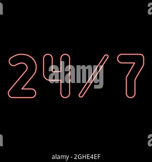 Neon 24/7 service red color vector illustration flat style light image Stock Vector