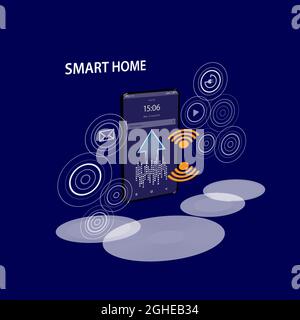 Smartphone with digital logo smart home stand at iot icons. Smart phone controls devices of smart home via wireless connection and voice commands. Stock Vector