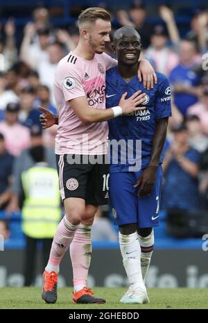 Chelsea's N'Golo Kante talks with Leicester City's James Maddison after the Premier League match at Stamford Bridge, London. Picture date: 18th August 2019. Picture credit should read: Simon Bellis/Sportimage via PA Images Stock Photo