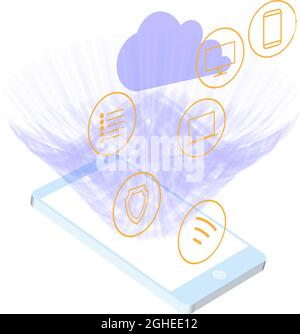 Storing, storing and exchanging data between different devices using a cloud service. Stock Vector