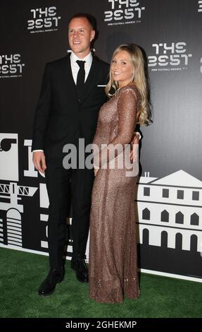 Marc-Andre ter Stegen with pregnant wife Daniela Jehle arrives on the green carpet before the FIFA Best Football Awards 2019 ceremony at Teatro La Scala, Milan. Picture date: 23rd September 2019. Picture credit should read: Jonathan Moscrop/Sportimage via PA Images Stock Photo