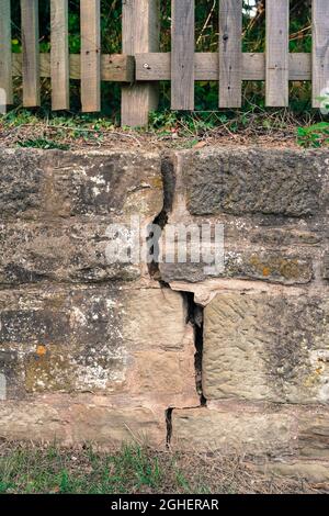 A movement crack in an outdoor garden wall of UK residential property due to problem tree roots. Stock Photo