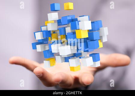 Illustration of cloud technology and a man using it to send and receive files Stock Photo