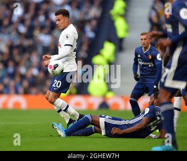 Dele Alli of Tottenham Hotspur is challenged by Nathaniel Chalobah of Watford during the Premier League match at the Tottenham Hotspur Stadium, London. Picture date: 19th October 2019. Picture credit should read: Robin Parker/Sportimage via PA Images Stock Photo