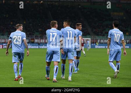 Ciro Immobile of Lazio celebrates with team mates Joaquin Correa