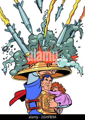a superhero saves children. the anti-missile shield of Israel and other countries. Protecting civilians from terrorists Stock Vector
