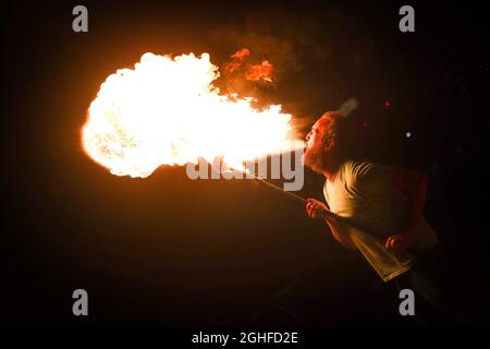 Fire Breathing Performance Stock Photo