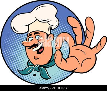 The cook makes an OK gesture. A good menu and the best cuisine poster Stock Vector