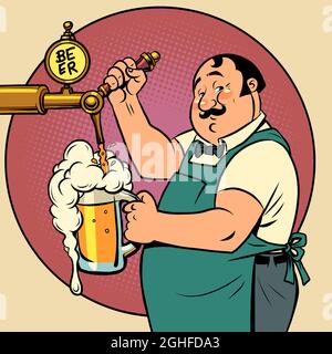 The bartender in the pub is pouring draft beer. Alcoholic beverage, beer restaurant Stock Vector