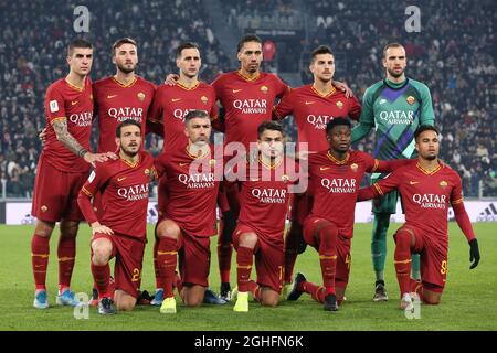 The AS Roma starting eleven line up for a team photo before kick off, back row ( L to R ); Gianluca Mancini, Bryan Cristante, Nicola Kalinic, Chris Smalling, Lorenzo Pellegrini and Pau Lopez, front row ( L to R ); Alessandro Florenzi, Aleksander Kolarov, Cengiz Under, Amadou Diawara and Justin Kluivert during the Coppa Italia match at Allianz Stadium, Turin. Picture date: 22nd January 2020. Picture credit should read: Jonathan Moscrop/Sportimage via PA Images Stock Photo