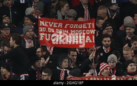 EDITORS NOTE LANGUAGE - Bayern Munich fans hold up a banner during the UEFA Champions League match at Stamford Bridge, London. Picture date: 25th February 2020. Picture credit should read: David Klein/Sportimage via PA Images Stock Photo