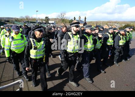 Crystal Palace fans are escorted from the train station to the stadium ahead of the Premier League match at the American Express Community Stadium, Brighton and Hove. Picture date: 29th February 2020. Picture credit should read: Paul Terry/Sportimage via PA Images Stock Photo